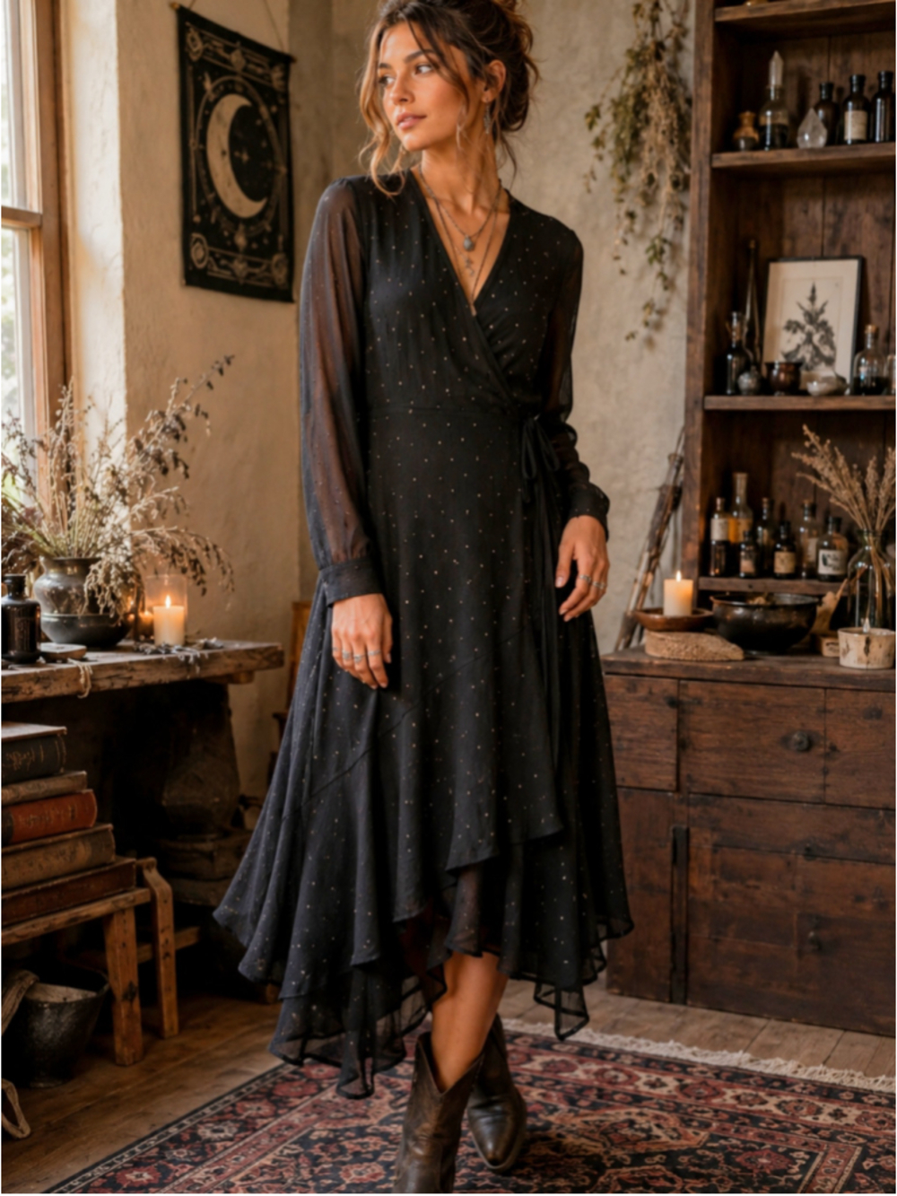 EXPRESS Black Metallic Clip-Dot High-Low Wrap Midi Dress - Sheer Long Sleeve S